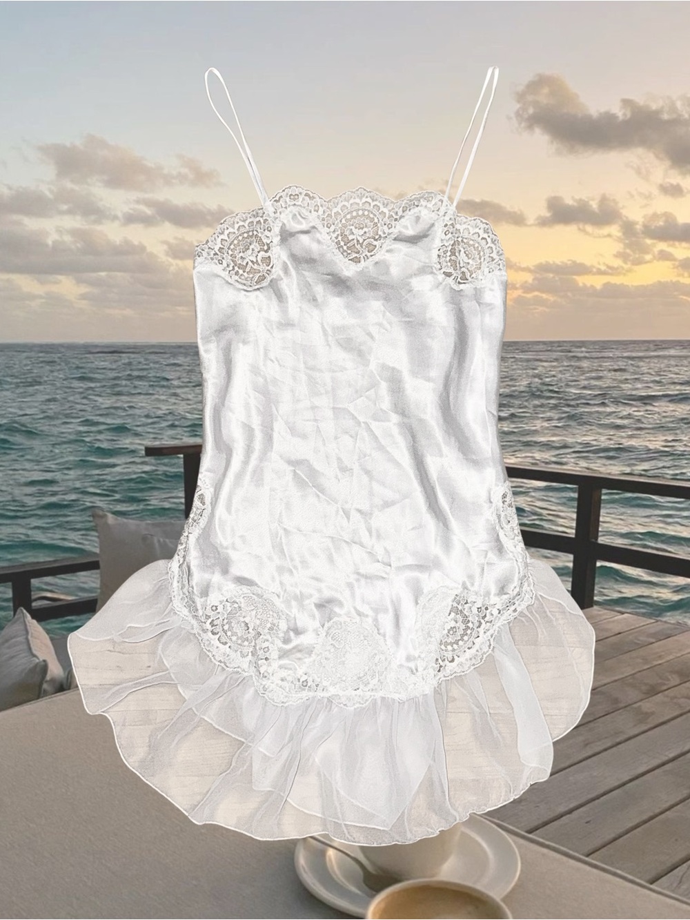 Vintage Y2K 90s Summer Party Cottage Silky White Satin Lace Ruffle Slip Dress